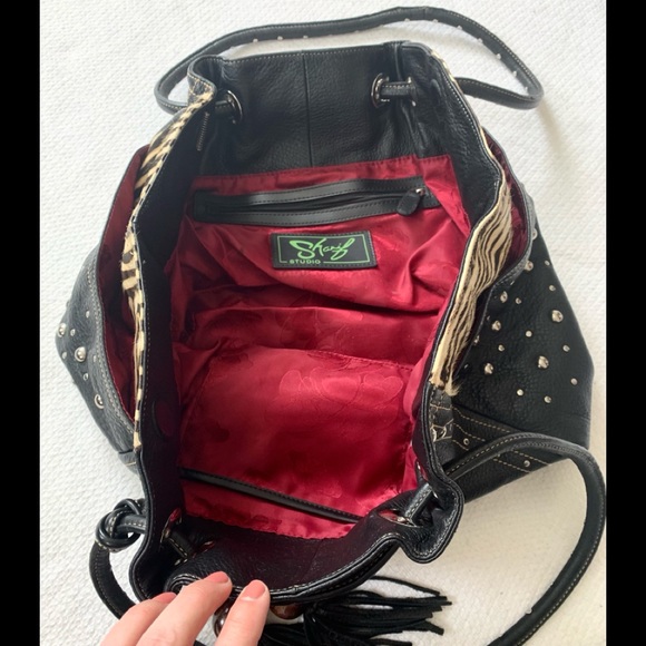 Sharif leather bag black fringe beads zebra stud - Picture 4 of 5